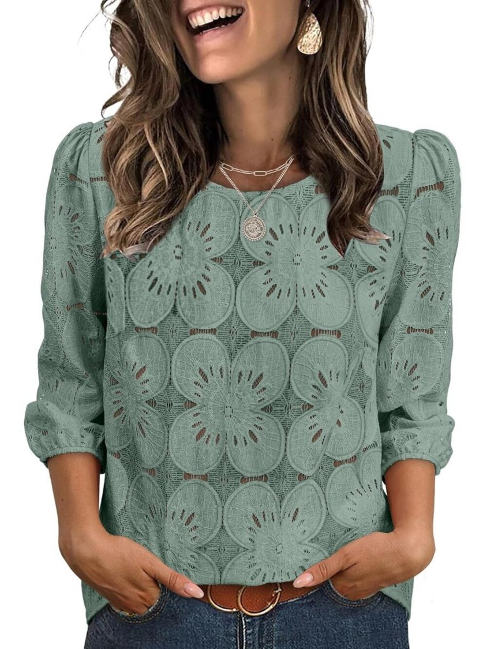 Women's Blouse Green Dressy Casual Long Sleeve Tops Eyelet Lace Summer Shirts